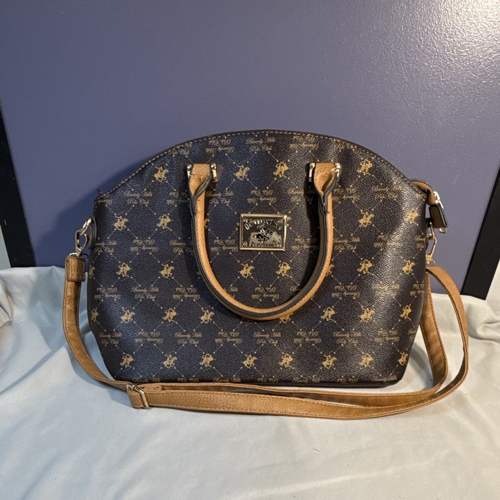 Beverly Hills Polo Club Medium Brown Tan Logo Satchel Zip Detach Strap Pockets